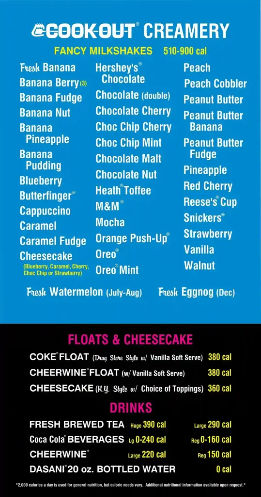 Cookout Milkshake and drinks Menu
